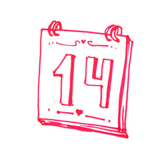 Tear-off paper calendar with the date February 14. Valentine's Day, Valentine's Day. Hand-drawn doodles. Logo, clipart, sketch, icon.