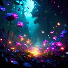 a forest with flowers and butterflies
