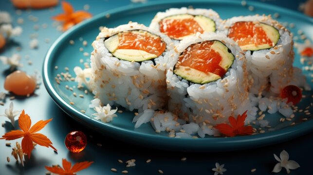 Salmond Sushi Makis Pattern On Blue, Background Images, Hd Wallpapers, Background Image