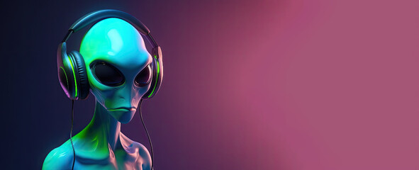 Green alien headphones on dark pink background