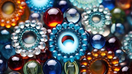  a close up of a bunch of different colored glass beads on a surface with a circular hole in the middle of the middle of the bead, surrounded by smaller beads.