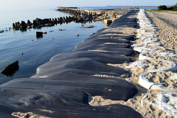 Baltiysk, Kaliningrad region, Southern pier on the Baltic spit, flood protection, shore reinforcement, embankment, concrete breakwaters