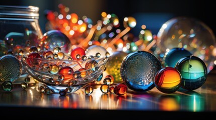  a bunch of glass marbles sitting on top of a table next to a vase with a tree in the background on a table top of a shiny metal surface.