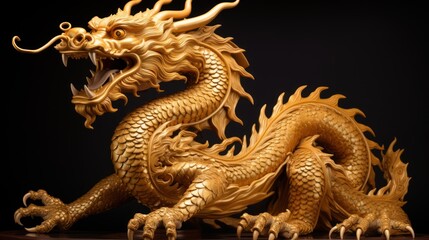 Fototapeta premium a golden dragon statue sitting on top of a wooden table in front of a black background with a black back ground and a black back ground with a black back ground.
