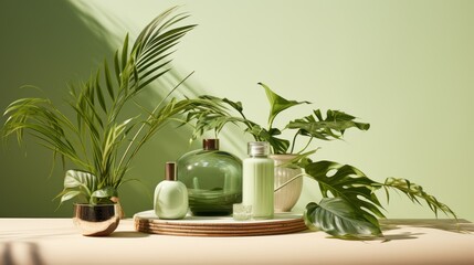  a table topped with lots of green plants next to a bottle of lotion and a potted plant on top of a wooden tray on top of a table.