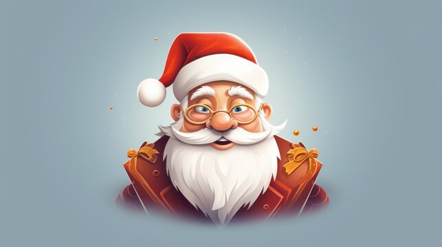  an image of a santa clause with a beard and a beard wearing glasses and a santa's hat with a bell around his neck, on a blue background.