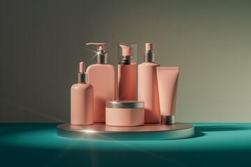 Fototapeta premium 3d illustration of set of diverse cosmetic containers in pink color standing on metal pedestal indoor studio. Cosmetic jars, bottles, tube, sprays and other containers mockup