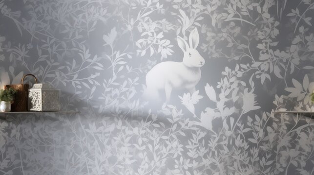  a wall that has a wall paper with a picture of a rabbit on it and a vase with flowers in front of it on a shelf next to a wall.