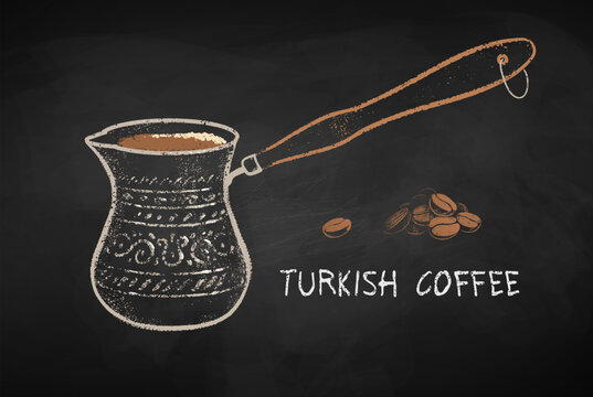 Turkish Coffee in Cezve on black chalkboard background. Vector chalk drawn sideview grunge illustration.