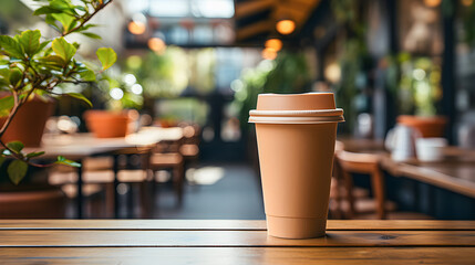 Ecological disposable cardboard coffee cup to go, kraft paper cup in ecofriendly coffee shop. Wooden table with space for text.