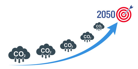 Increasing arrow with carbon reduction to achieve the goal by 2050 for for decrease CO2, social problem global warming from climate change, decrease carbon footprint, green economy concept - vector