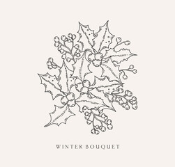 Winter floral botanical black line art bouquet. Christmas holly jolly, berries leaves line art hand drawn sketch arrangement. Vector illustration for wedding invitation save the date card