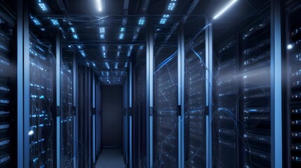 server room with many racks , with depth of field and fog,  - obrazy, fototapety, plakaty