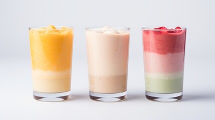 fruit smoothies in transparent glass glasses set.