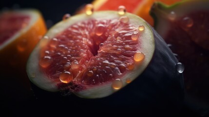  a close up of a grapefruit cut in half with drops of water on the outside of the grapefruit and the inside of the grapefruit.