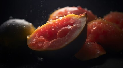  a close up of a grapefruit on a black background with drops of water on the whole grapefruit and the whole grapefruit in the background.
