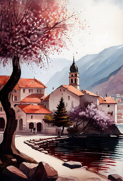 Montenegro illustration watercolor. AI generative
