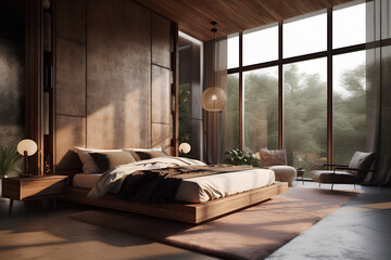 Modern style interior of bedroom with large window and wooden wall decor.