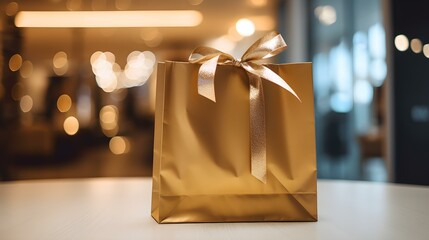 Gold Shopping Bag in front of a blurred Mall Background. Template for Sales and Auctions