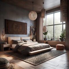 African style interior of bedroom with modern bed.