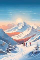 Poster illustration of a snowy mountain landscape with skiers and snowboarders , generative AI