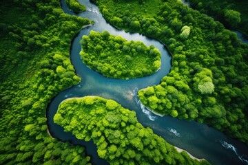 Top view of a winding river through forest, drone photography style,  generative AI