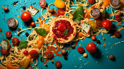 abstract mash-up of various iconic foods (pizza, hamburger, tacos, ramen), surreal layout