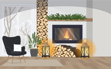 Cozy living room winter interior with fireplace.