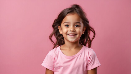 Little girl smile isolated in pink background, backdrop with copy space