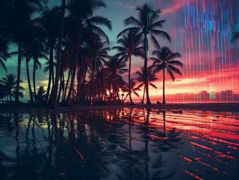 Glitch art photograph, distorted palm trees and pixelated surf, beach scene with a surreal twist