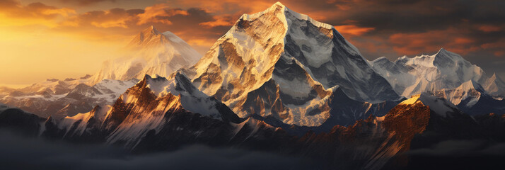 Himalayas, snow-capped peaks at golden hour, intricate details of the snow and rocks, glowing atmosphere, dynamic range