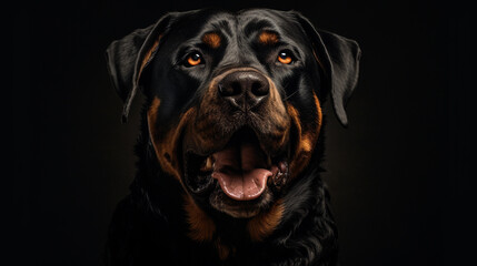 Rottweiler portrait, details down to the fur and eyes, dramatic contrast