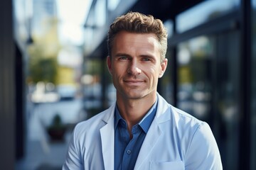 Obraz premium Man doctor smiling staying in his office