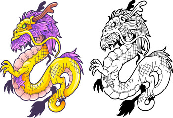 fairytale chinese dragon, outline illustration coloring book