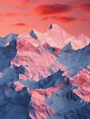 Pointillism art, Swiss Alps, vivid snow-capped peaks against a crimson sky, millions of dots creating texture