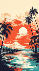 Tropical seaside landscape with views of the shore, sky, silhouettes of palm trees and a bright sunrise. Illustration. Poster art. Minimalism.