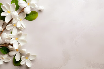 Greeting card template with flowers on the white background. Top view, side lighting, copy space.