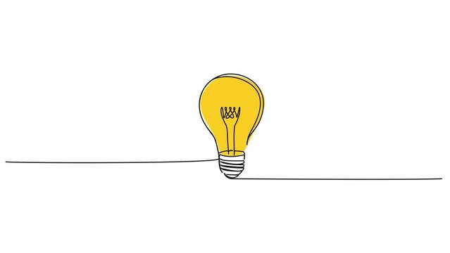animated continuous single line drawing of glowing light bulb, inspiration and innovation line art animation