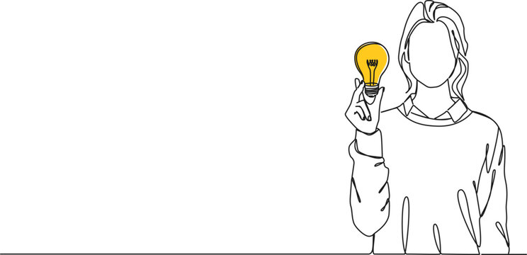 continuous single line drawing of young woman holding glowing light bulb in raised hand, line art vector illustration