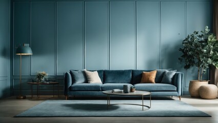 Interior of modern living room with blue wall and sofa 3d render