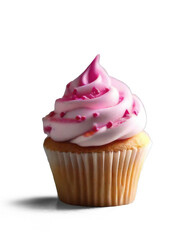 Yellow cupcake with pink and white icing. Isolated, transparent background. With transparent shadow.