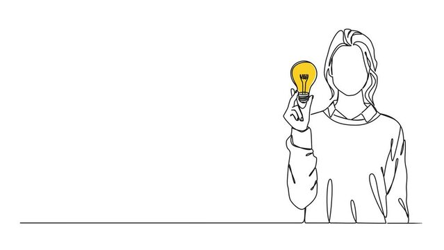 animated continuous single line drawing of young woman holding glowing light bulb in raised hand, line art animation
