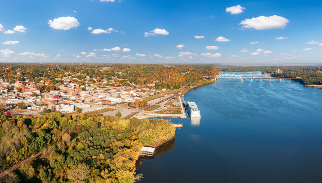 Aerial view of the city of Hannibal in Missouri from Lovers Leap overlook with Mississippi River and cruise boat