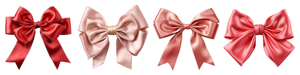 A set of red and pink ribbon bows on a transparent PNG background close-up. A set of bows of different colors for wrapping a Christmas gift. High quality clipart