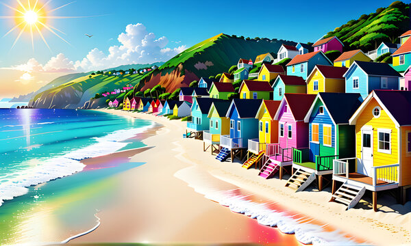 A beach with colorful houses huddled together. illustration. background. Generative AI