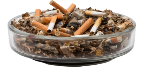 Ashtray with cigarette butts on a light background. Generative artificial intelligence