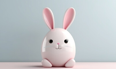 Primitive 3d illustration of a rabbit. Cute minimalist figurine, portrait on a blue background. 3D banner of toy Easter symbol. Cartoon character 3d rabbit