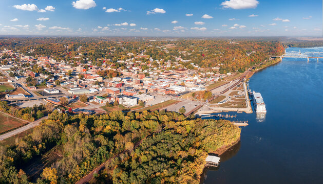 Aerial view of the city of Hannibal in Missouri from Lovers Leap overlook with Mississippi River and cruise boat