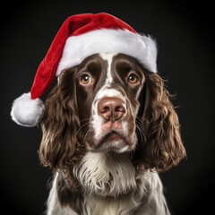 Adorable spaniel in a New Year's Santa cap on a black background