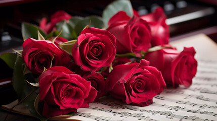 Red roses on piano sheet music, in the style of magenta and crimson, love and romance